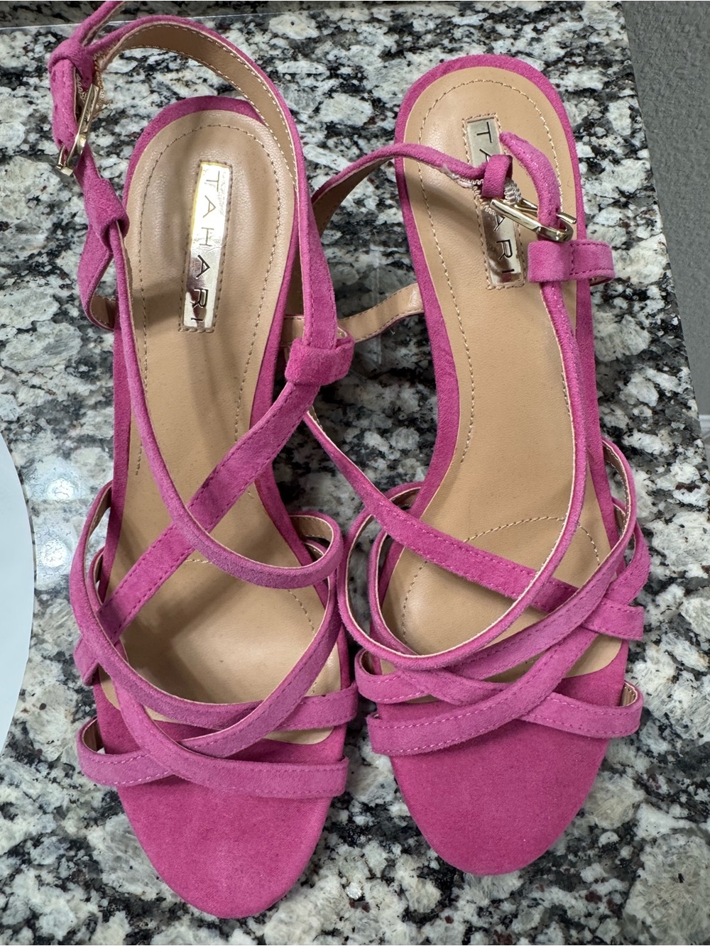 Tahari Future Pink Suede Strappy Cork Wedge Sandals Size 8.5